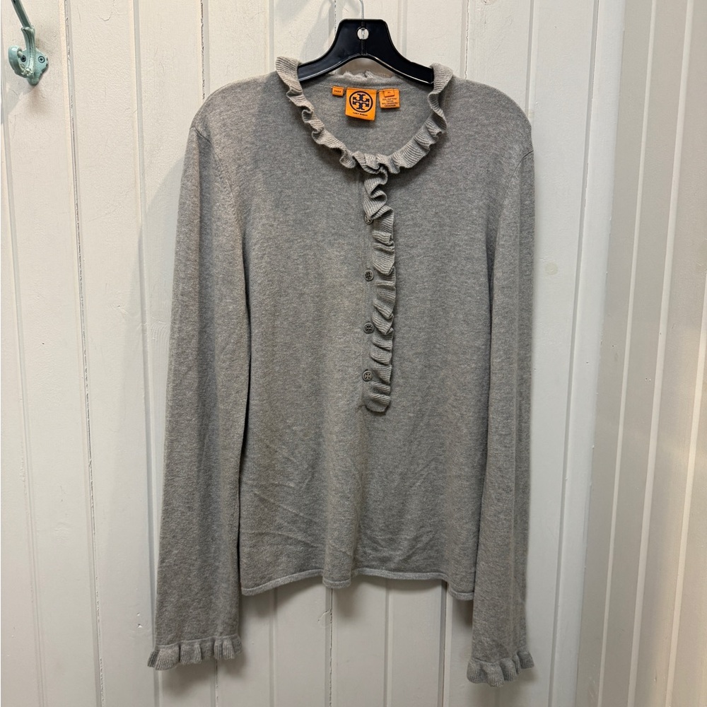 Tory Burch Cashmere Blend Gray Ruffle Trim Long Sleeve Sweater